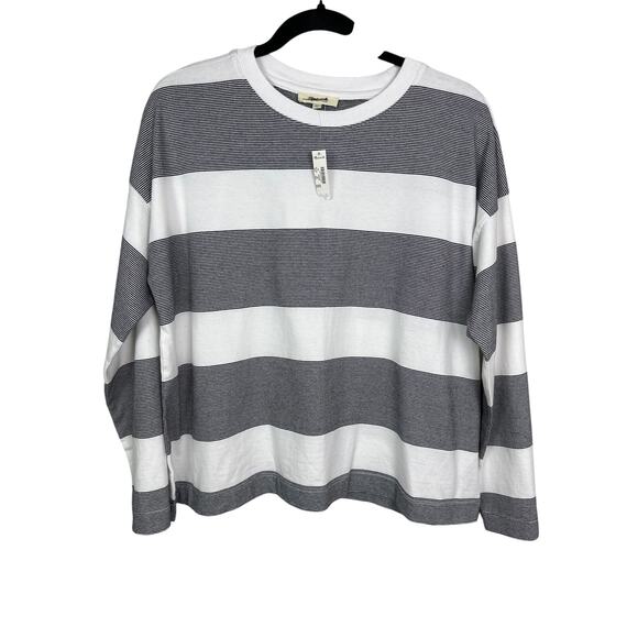 Madewell NWT Women’s Black White Striped Easy Crewneck Long Sleeve Top size XS - Picture 2 of 9